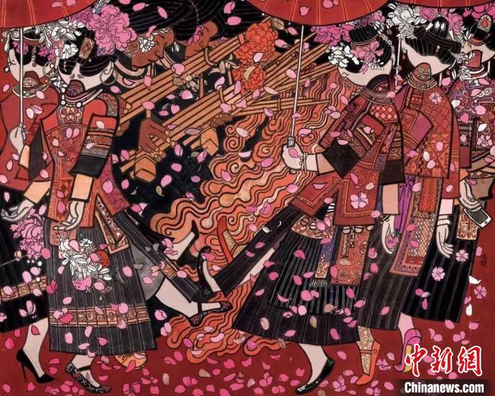 图为刘金贵创作的中国画《跳花场上》。　贵州省文旅厅供图